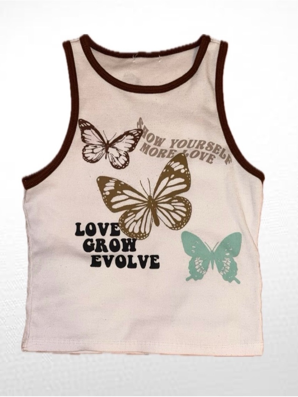 Princess Polly White Tank Top with Brown Trim & Butterfly Prints